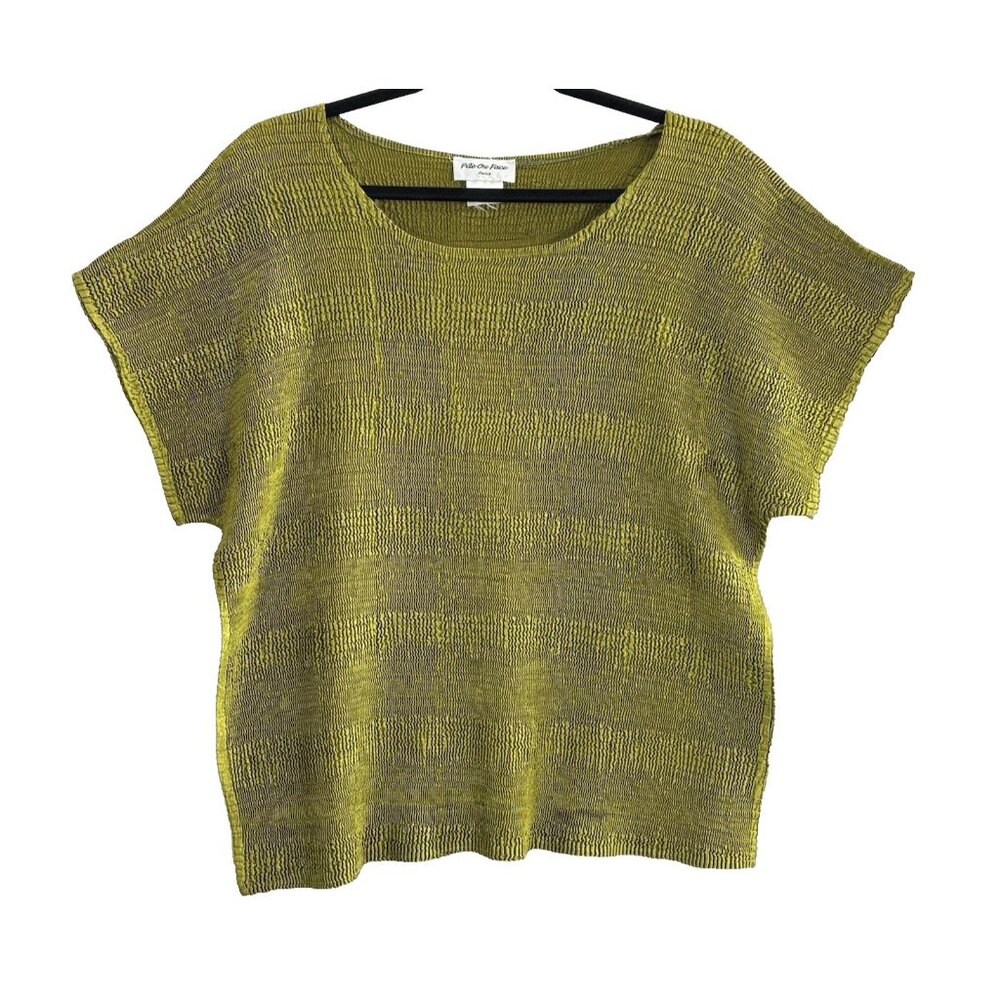 Vtg PILE OU FACE Women Crinkle Cap Sleeve Boxy Stretch Blouse Top Sz L Green 6-3